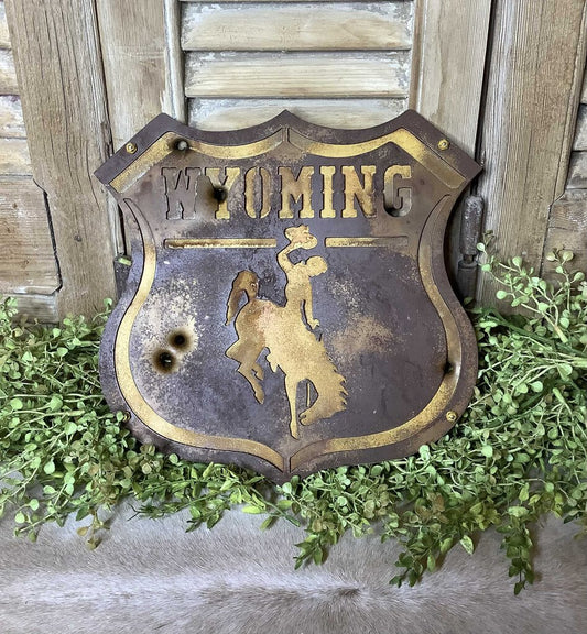 Wyoming US Highway Sign Brown & Gold Steamboat Double Steel/Shot up w/ .22